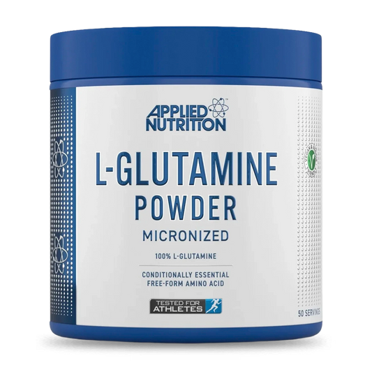 Polvo de L-Glutamina de Applied Nutrition, equipamiento fitness, muestra el envase de 250g con polvo blanco en un fondo neutro.