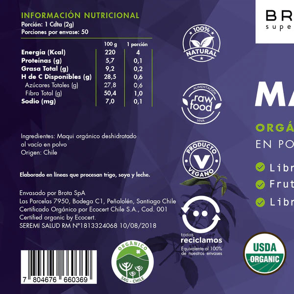 Tabla nutricional Maqui orgánico en polvo Brota Superfoods - información nutricional y certificaciones