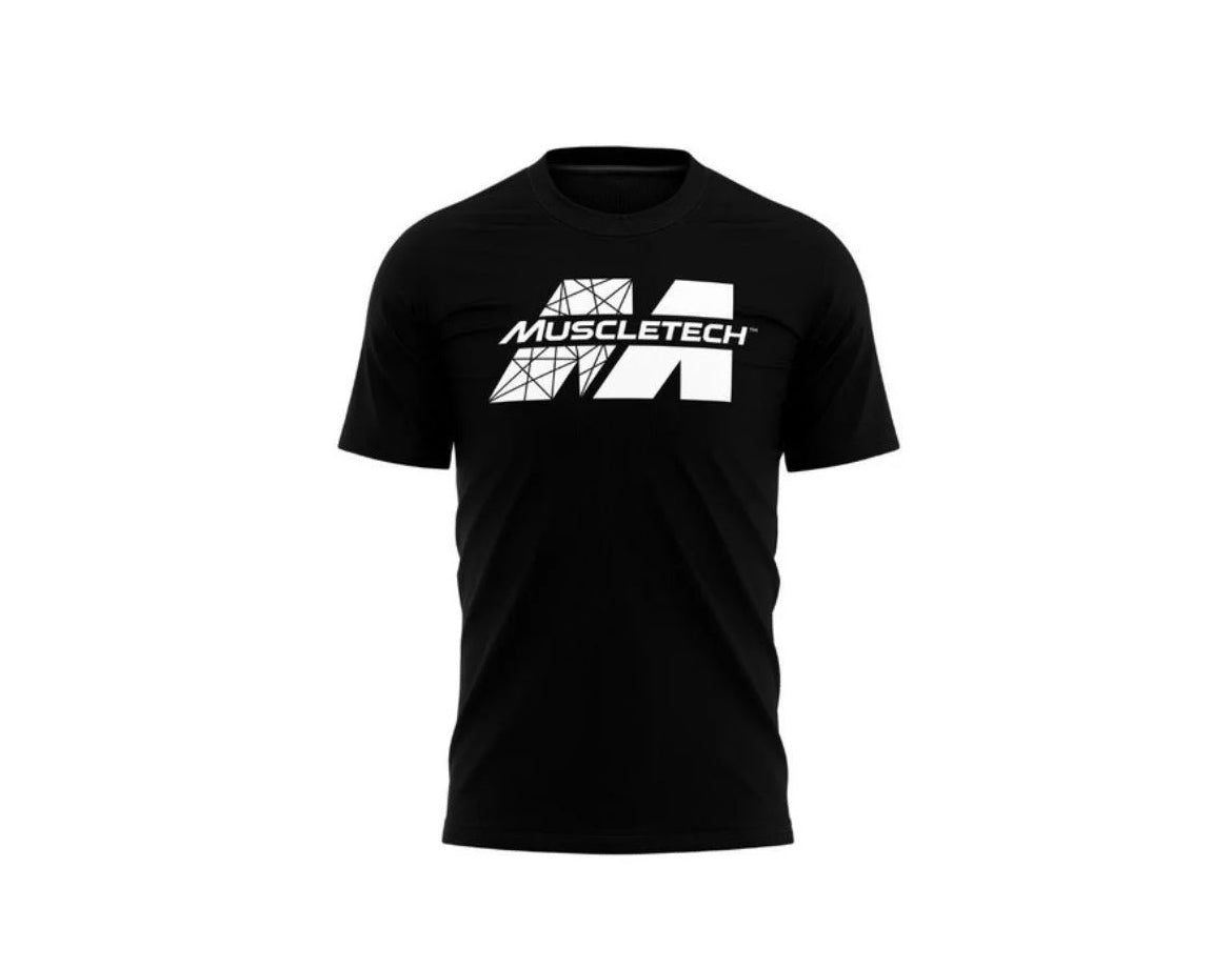 Polera de entrenamiento MuscleTech con logo blanco, talla L, ideal para fitness y ejercicio.