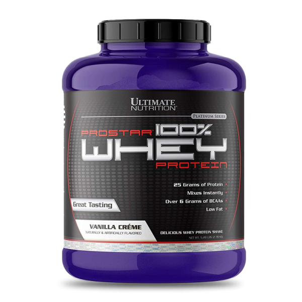 Suplemento de proteína Ultimate Nutrition Prostar 100% Whey sabor Vainilla Creme en envase de 5.28 lb, ideal para ganar músculo.