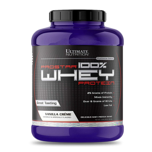 Suplemento de proteína Ultimate Nutrition Prostar 100% Whey sabor Vainilla Creme en envase de 5.28 lb, ideal para ganar músculo.