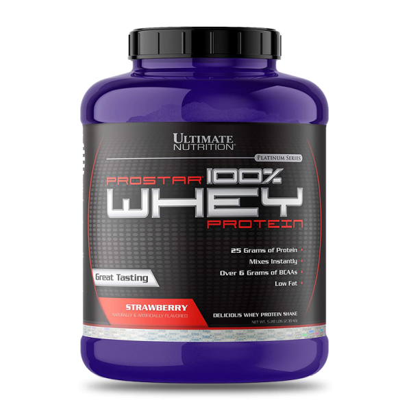 Suplemento de proteína Ultimate Nutrition Prostar 100% Whey sabor fresa en envase de 5.28 lb, polvo para aumentar masa muscular.