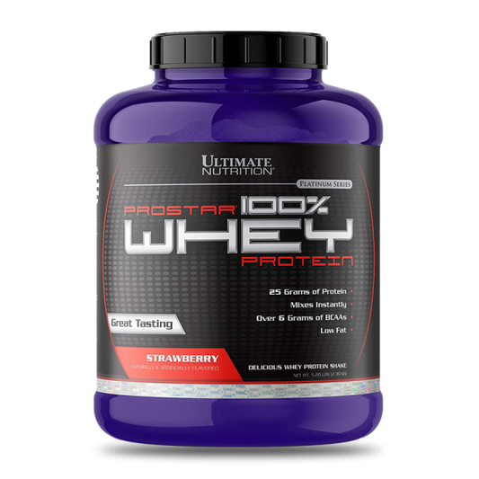 Suplemento de proteína Ultimate Nutrition Prostar 100% Whey sabor fresa en envase de 5.28 lb, polvo para aumentar masa muscular.