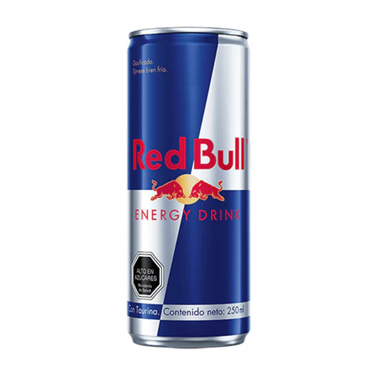 Lata de Red Bull Bebida Energética Original de 250 cc, bebida pre-entrenamiento con marca Red Bull, vista frontal.