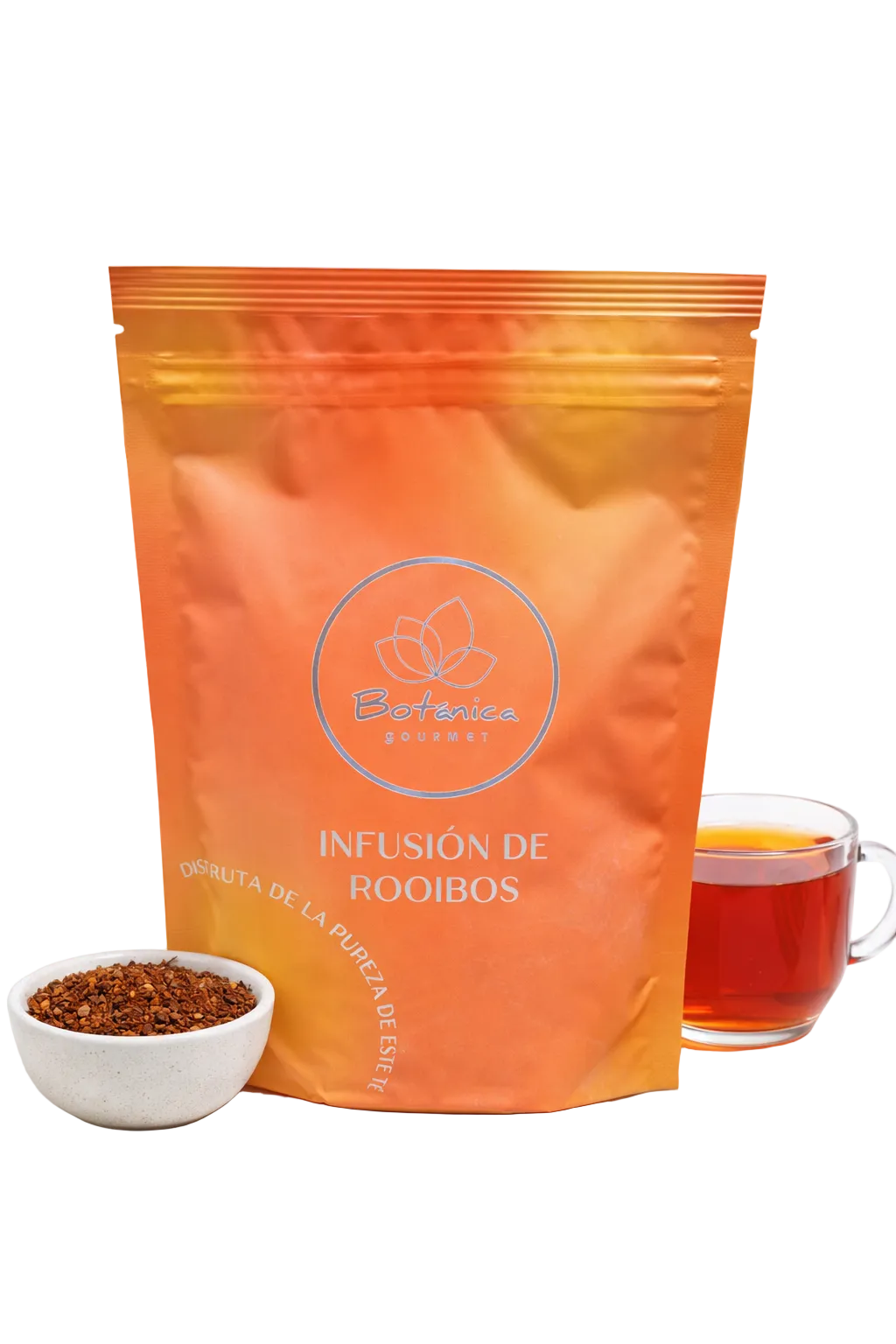 Infusión de Rooibos Natural de Gourmet Botanica, té herbal orgánico en taza con hojas de rooibos secas.