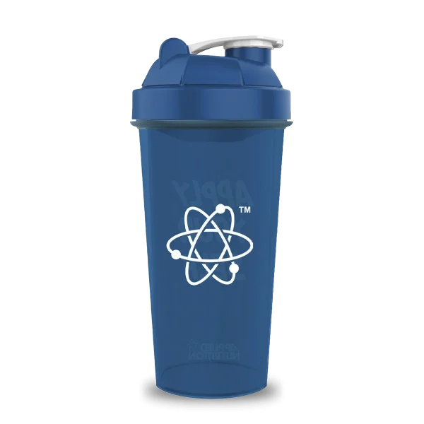 Shaker azul de Applied Nutrition para suplementos y proteínas, con diseño resistente y tapa de cierre seguro.