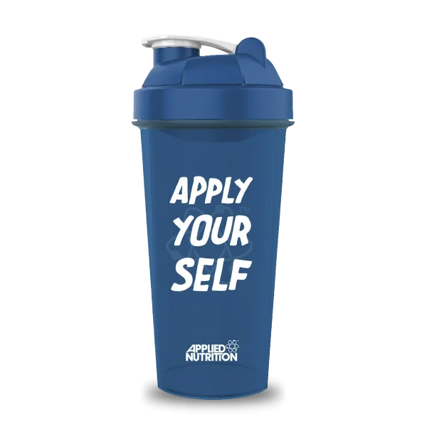 Shaker azul de Applied Nutrition para suplementos y proteínas, con tapa y cuerpo resistente en imagen.