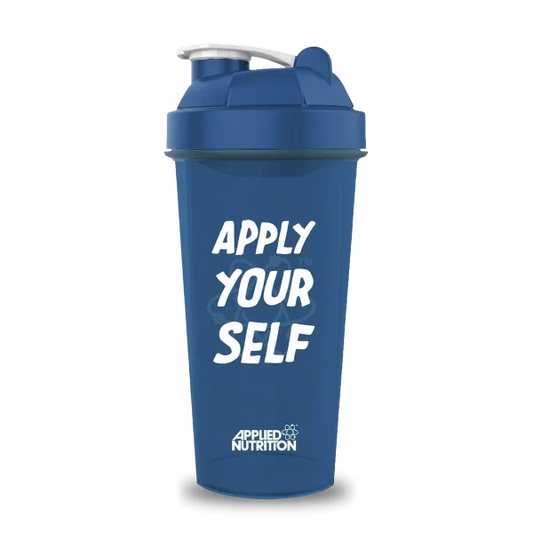 Shaker azul de Applied Nutrition para suplementos y proteínas, con tapa y cuerpo resistente en imagen.