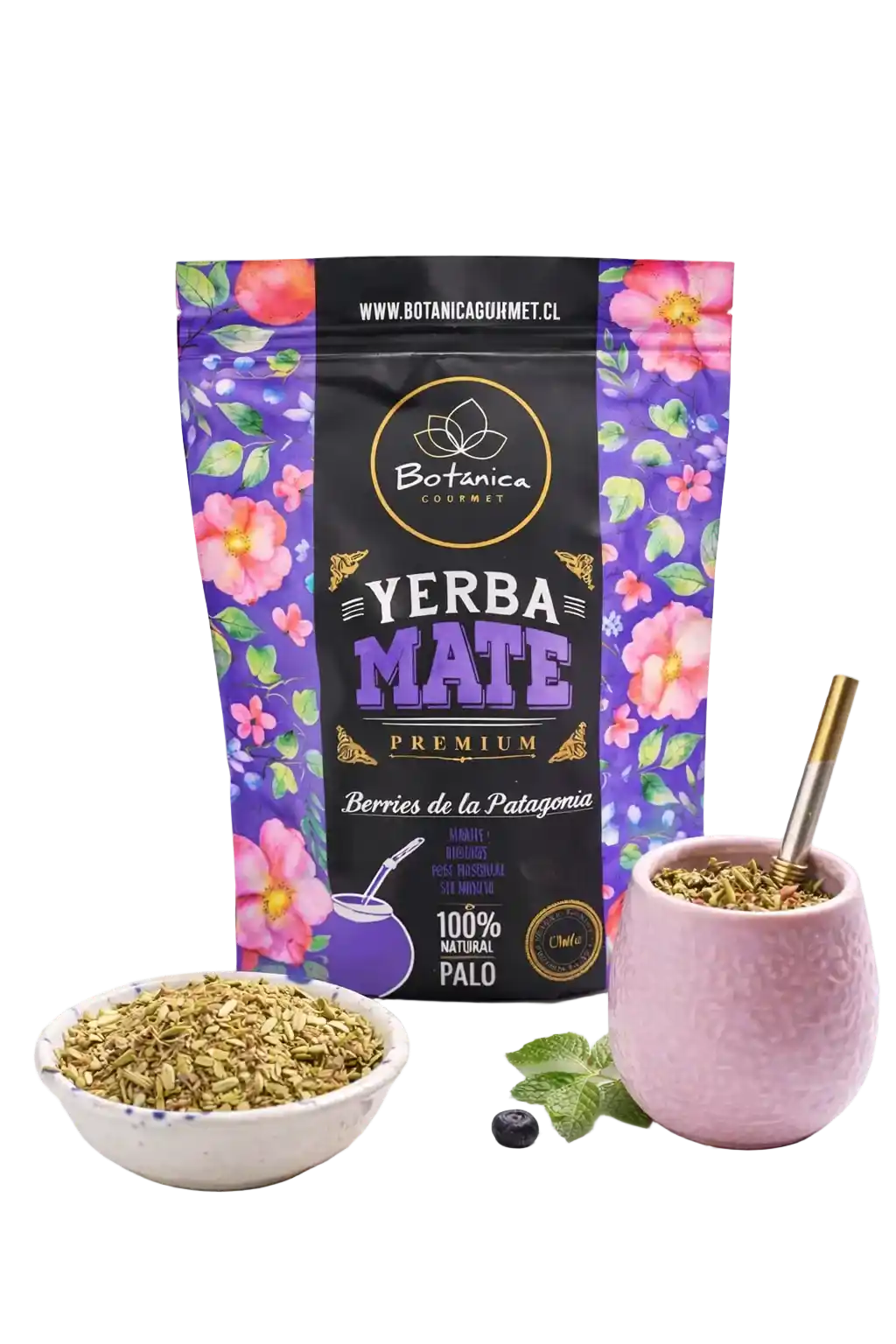 Yerba Mate Premium Berries de la Patagonia Gourmet Botanica, yerba mate azul en paquete de equipamiento fitness natural