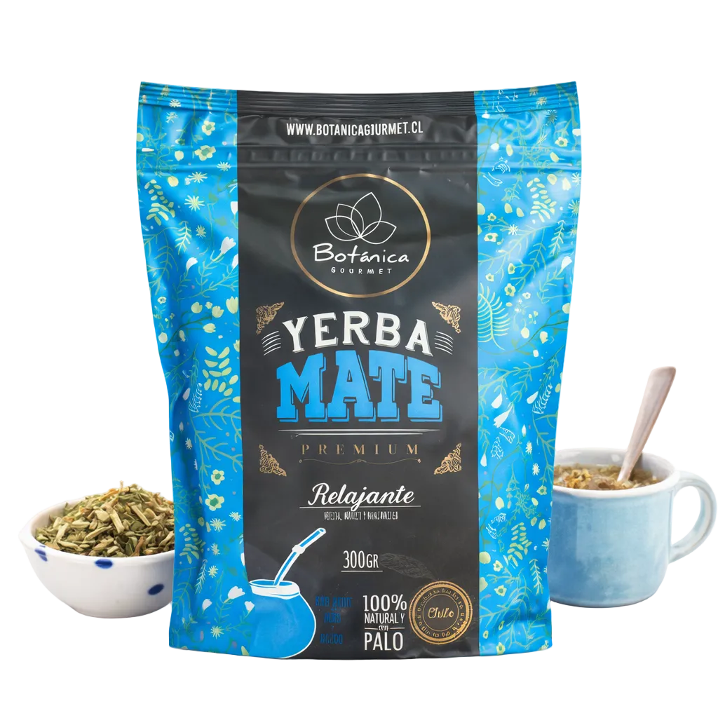 Yerba mate relajante orgánica de Gourmet Botanica, yerba mate natural y saludable en una imagen del producto.